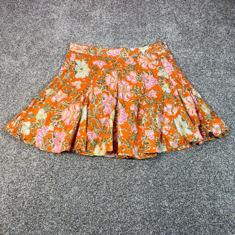 Free People Orange Floral Pleated Mini Skirt Boho Cotton Lined Size 12 Boho